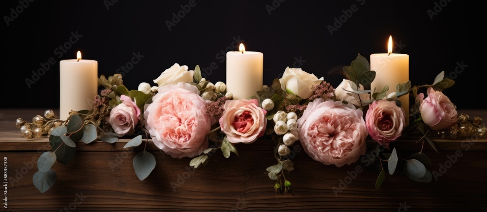 Wedding table adorned with floral and candle accents made of wood