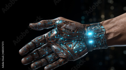 Human and robot's hand touching, Concept of harmonious coexistence of humans and AI technology