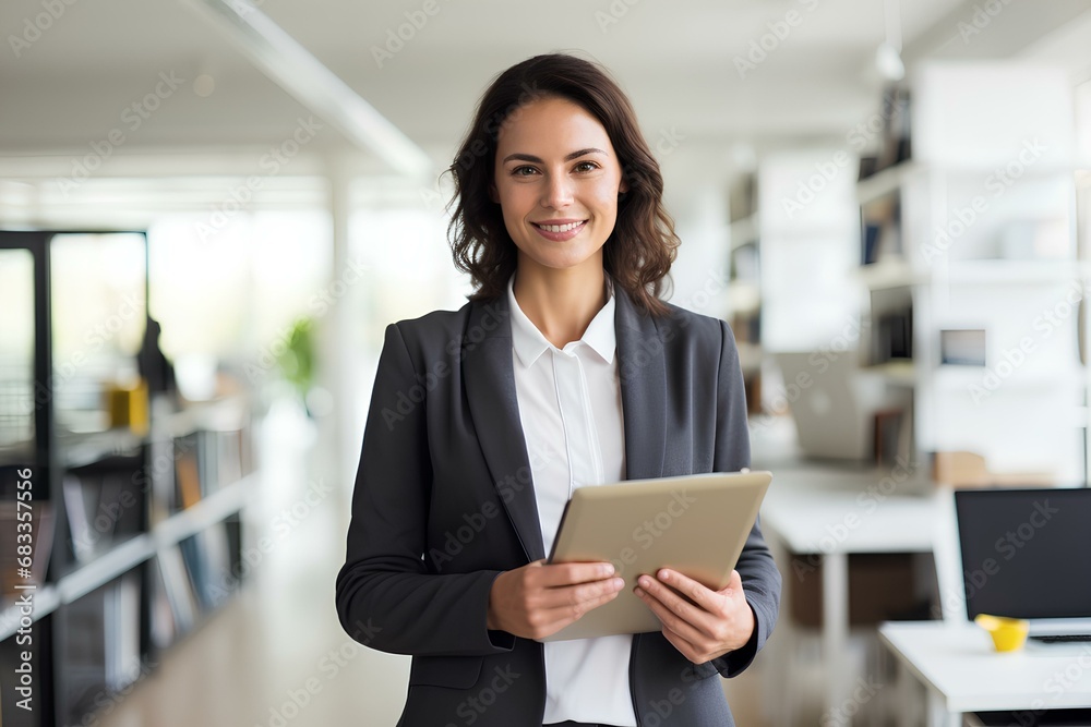 Smiling professional businesswoman using tab computer working standing in office. Confident business woman entrepreneur holding digital tablet tech device working, looking at camera. generative AI Smiling professional businesswoman using tab computer working standing in office. Confident business woman entrepreneur holding digital tablet tech device working, looking at camera. generative AI
