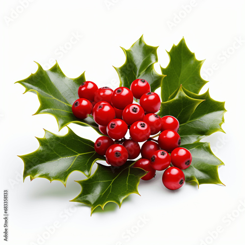 Lush Green Holly and Scarlet Berries, Isolated on White
