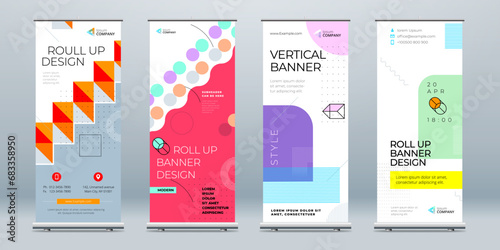 Business Roll Up Banner Set Abstract Roll up background for Presentation. Vertical rollup, x-stand, exhibition display, Retractable banner stand or flag design layout for conference, forum. photo