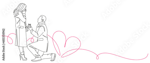 The guy makes a marriage proposal to his girlfriend. Line art. Valentine's Day line art vector illustration. Romantic