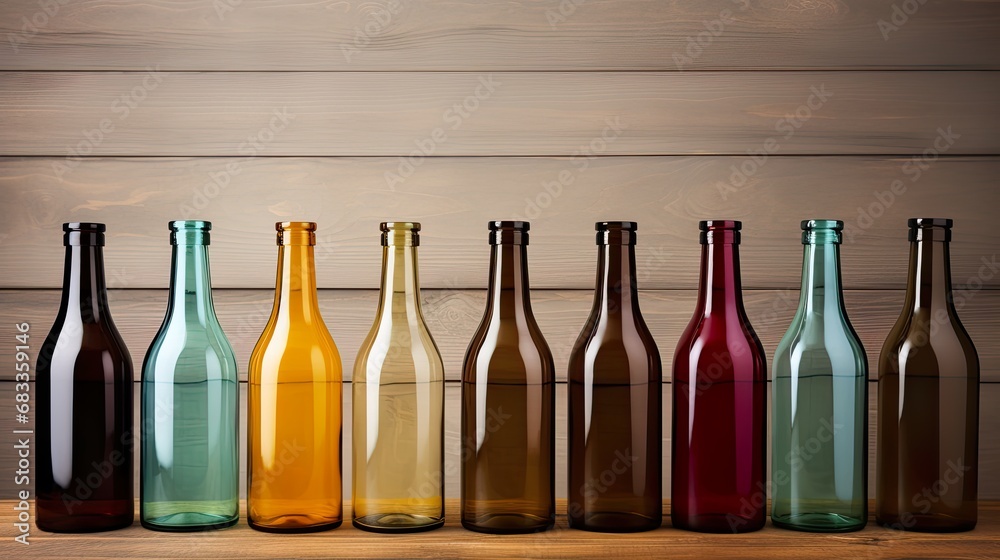 Colorful glass bottles standing aligned on wooden table. Concept of recycling glass, respecting environment and natural ressources. Copy space, card, banner, nobody. - obrazy, fototapety, plakaty 
