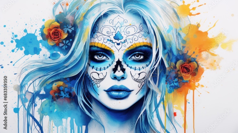 A painting of a woman with sugar skull makeup A painting of a woman with sugar skull makeup
