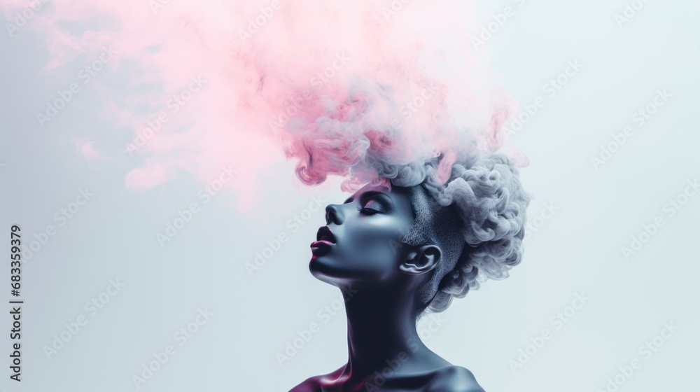 A woman with smoke coming out of her head