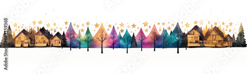 Christmas winter decoration, colorful forest line band, pine trees page border in winter with shiny golden stars sparkling, moutain night setting with snow, watercolor, transparent background