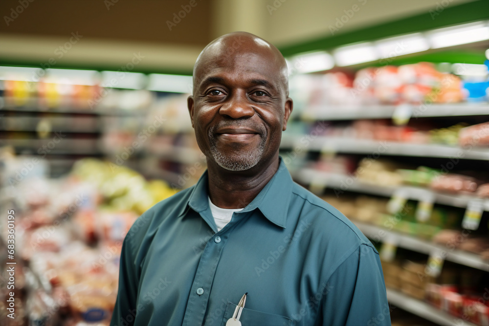 AI generated portrait of joyful salesman cashier serving customers in supermarket
