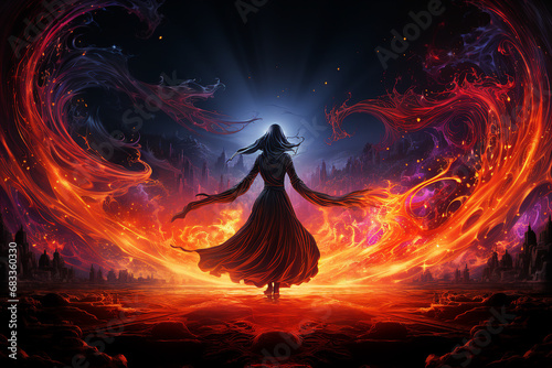 Generative ai collage of powerful dangerous evil witch lady doing fire spell