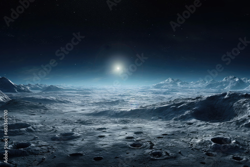 fantastic landscape of the outer planet, icy surface with craters and a distant small sun photo