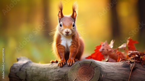 Autumn scene with a cute red squirrel. Sciurus vulgaris Europeasn squirrel sitting. generative ai © Witri