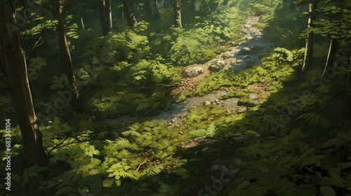 A bird s-eye view of a sprawling fern-filled forest  with sunlight filtering through creating dappled patterns.