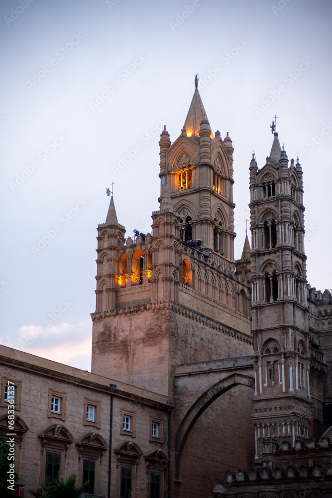 The Cathedral of the City of Palermo, in the South of Italy on Blurred Background