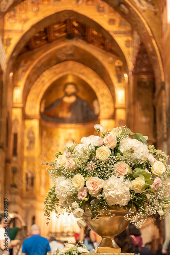 Close Up Of Flowers Composition During A Wedding Celebration Inside The Cathedral Of Monreale, In The South Of Italy