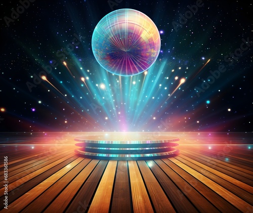 Dance floor and a round podium with cosmic disco ball for mockup on the background of a multicolored wall photo