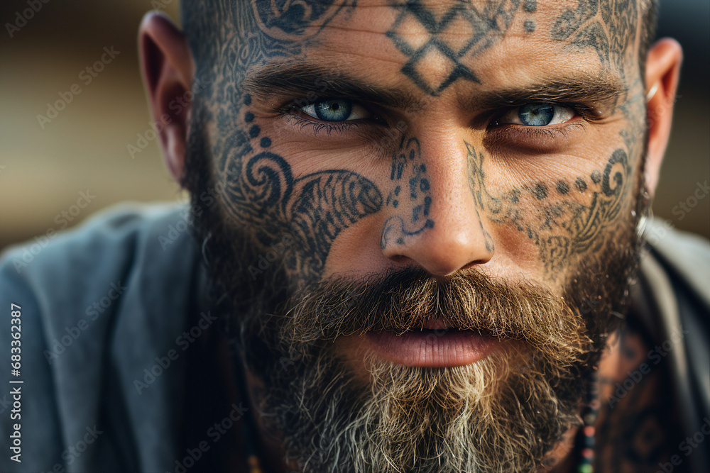 Hot handsome tattooed guy man faceart bodyart concert Generative AI