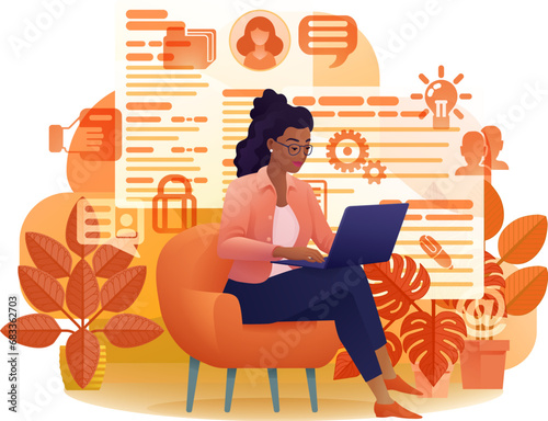 Woman, person, remote working on laptop computer writing document possibly a resume or cv for online internet job search application recruitment agency website cartoon illustration.