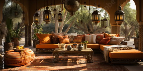 Interior design of Spacious modern Lounge area, Cozy Brown and Orange Sofa