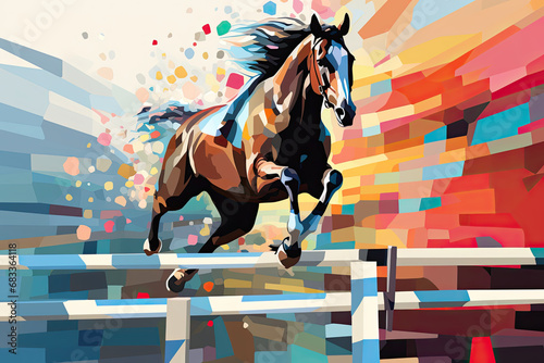 Abstract illustration of a horse jumping over obstacles.
