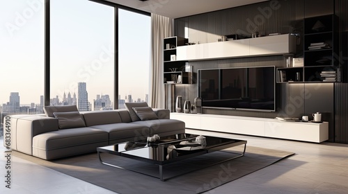 Design of stylish modern apartments. Bright living room in a mixed loft style with panoramic windows and skyscrapers outside the window.