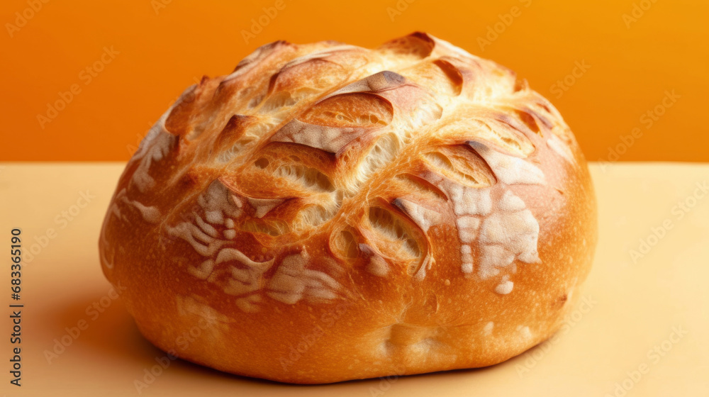 Freshly baked loaf of bread. Toasted, beautiful, appetizing bread isolated on orange background