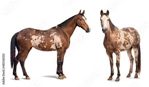 Two chestnut appaloosa horse, front and side view, isolated photo