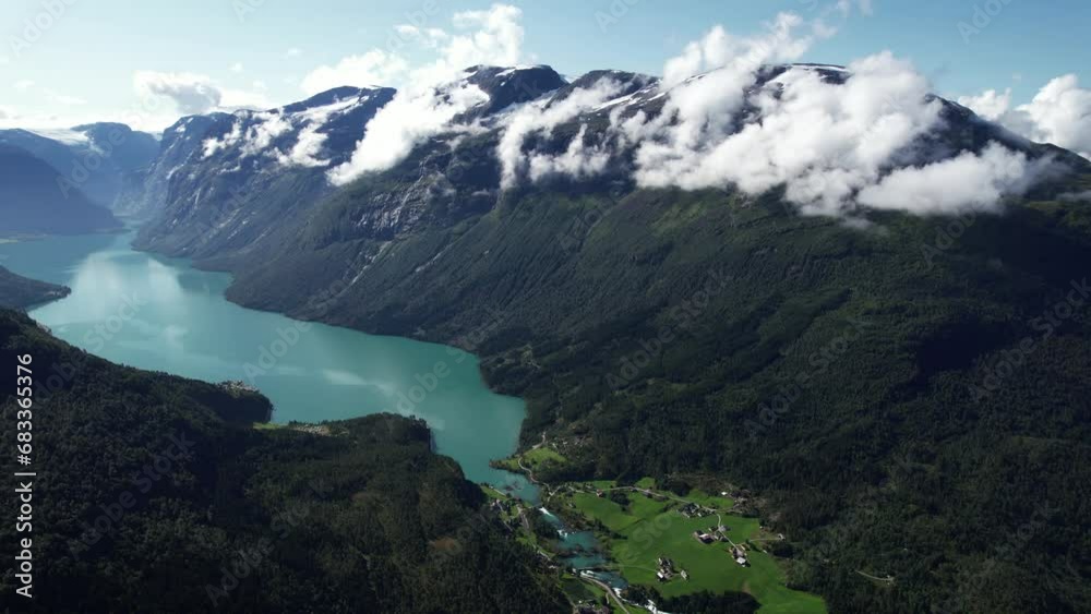 Aerial view above the fjord and lake of Lovatnet near Loen Norway Aerial view above the fjord and lake of Lovatnet near Loen Norway