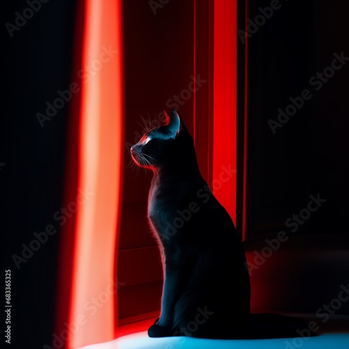 a cat looking at a red light