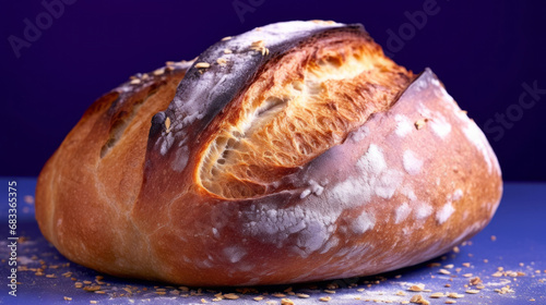 Freshly baked loaf of bread. Toasted, beautiful, appetizing bread isolated on blue background