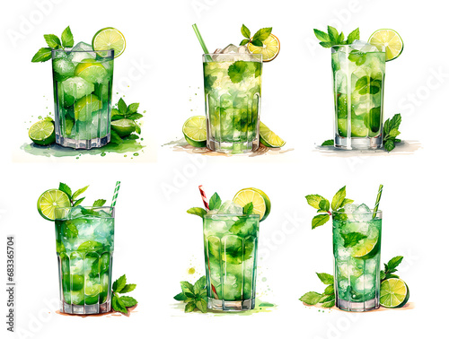Watercolor coctail mojito with lime  isolated
