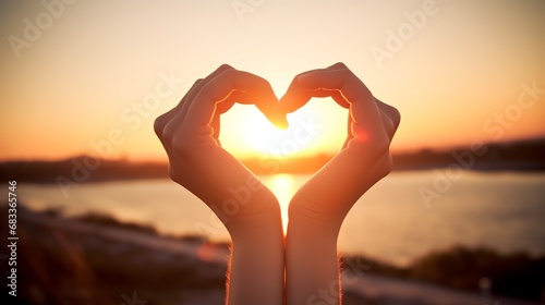 a pair of hands making a heart shape with the sun behind them photo