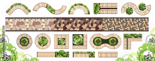 Benches and tiles for architectural floor plans. Entourage design. Top view elements for the landscape design plan. Vector illustration. © Аня Марюхно