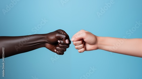 Woman and African American woman making fist bump on light blue background, closeup, generative ai photo