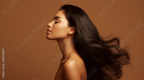 Charming woman in profile, her long and silky hair is waving, lady with luxurious hair, smooth face skin. Skin and hair care concept. Beauty studio advertising. High quality photo. AI generated photo photo