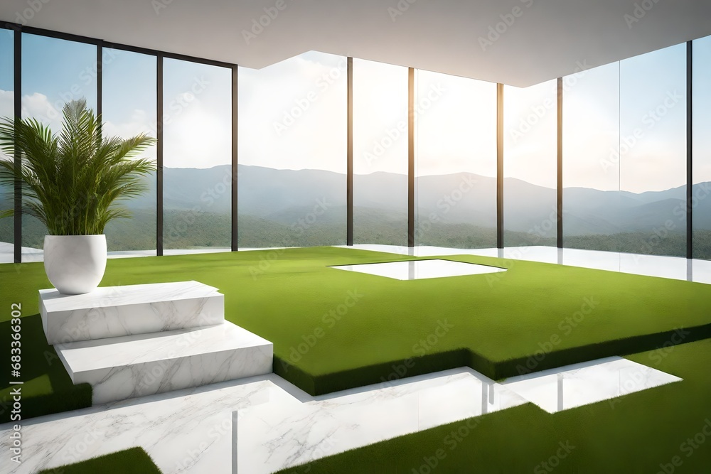 Create a realistic 3D render featuring a podium with a base made of green grass and white marble. Create a realistic 3D render featuring a podium with a base made of green grass and white marble.