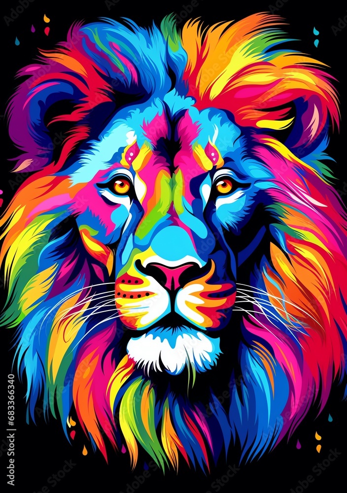 a colorful lion with long mane