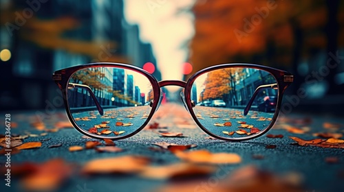 Urban Clarity: Glasses on City Street at Twilight