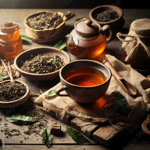 Cup of tea with tea herbs on a rustic table