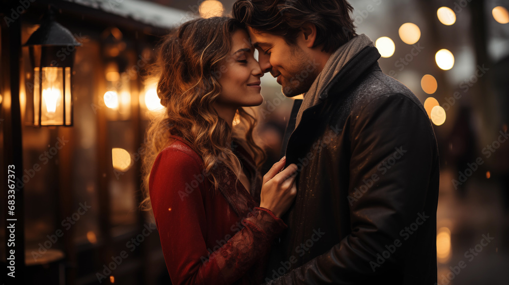 Couple standing outdoors face to face and eyes closed Couple standing outdoors face to face and eyes closed