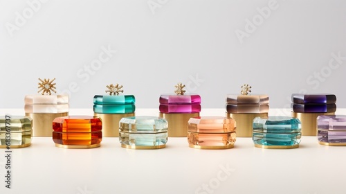 A collection of small jewel boxes, each with different gems embedded, displayed against a crisp white background.