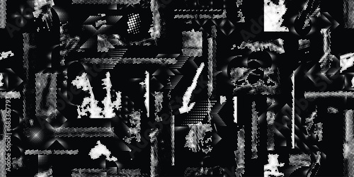 Glitch distorted grungy abstract forms . Halftone dots seamless pattern texture. Grange shapes .Grunge textured . Vector shapes with half tone dots .Screen print endless pattern texture