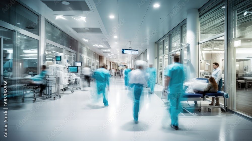 A motion blurred photograph of a hospital interior, doctor and staff working with fast movement