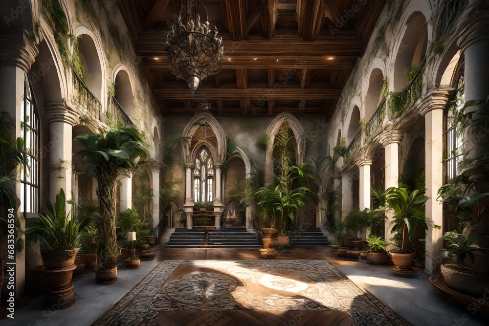 Interior Design of a Huge Mansion. Some Vegetation and Plants.