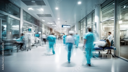A motion blurred photograph of a hospital interior, doctor and staff working with fast movement © Onchira