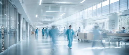 A motion blurred photograph of a hospital interior, doctor and staff working with fast movement photo