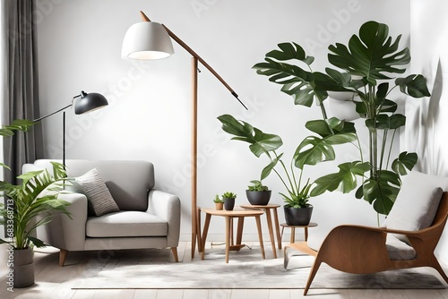 a modern living room where a sleek floor lamp, a vibrant potted monstera plant, and a stylish wooden lounge chair with muted gray cushions are strategically arranged against a clean white wall.  photo