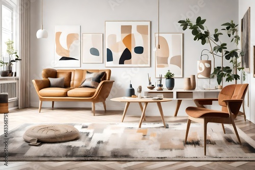 Stylish living room interior of modern apartment with wooden commode, design table, chairs, carpet, abstract paintings on the wall and personal accessories in unique home decor. Template.