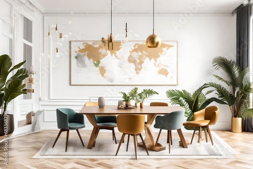 The interior of a chic and eclectic dining room features a mock-up poster map, chairs designed for sharing tables, a gold pendant light, and an exquisite sofa in the second area. White walls. photo