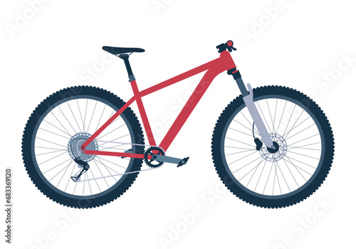 Mtb, downhill, mountain, cross-country bike in side view. Eco friendly cycle transport for recreation. Isolated flat vector illustration of bicycle
