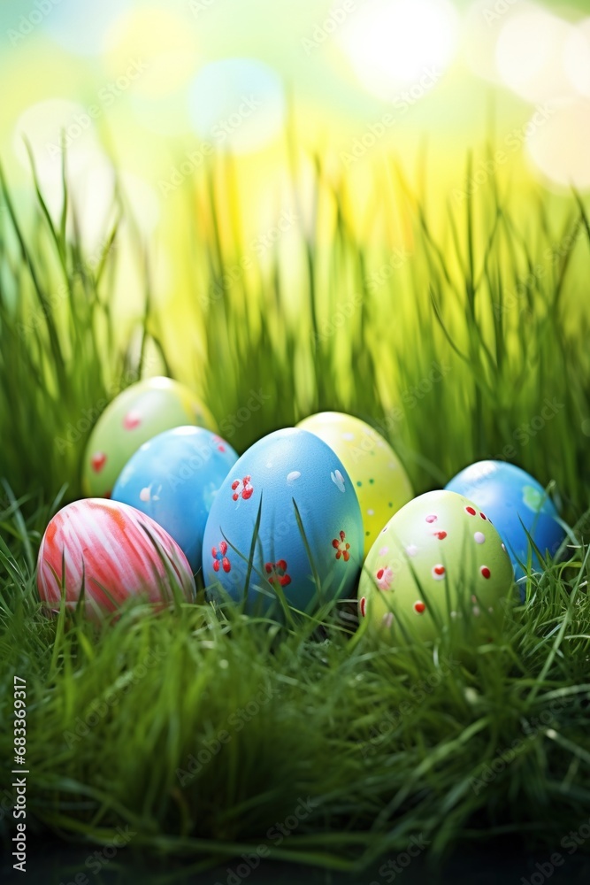 Colorful easter eggs in grass. Happy easter background.