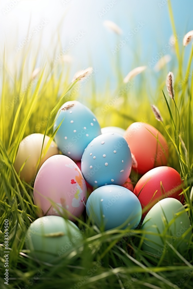Fototapeta premium Colorful easter eggs in grass. Happy easter background.